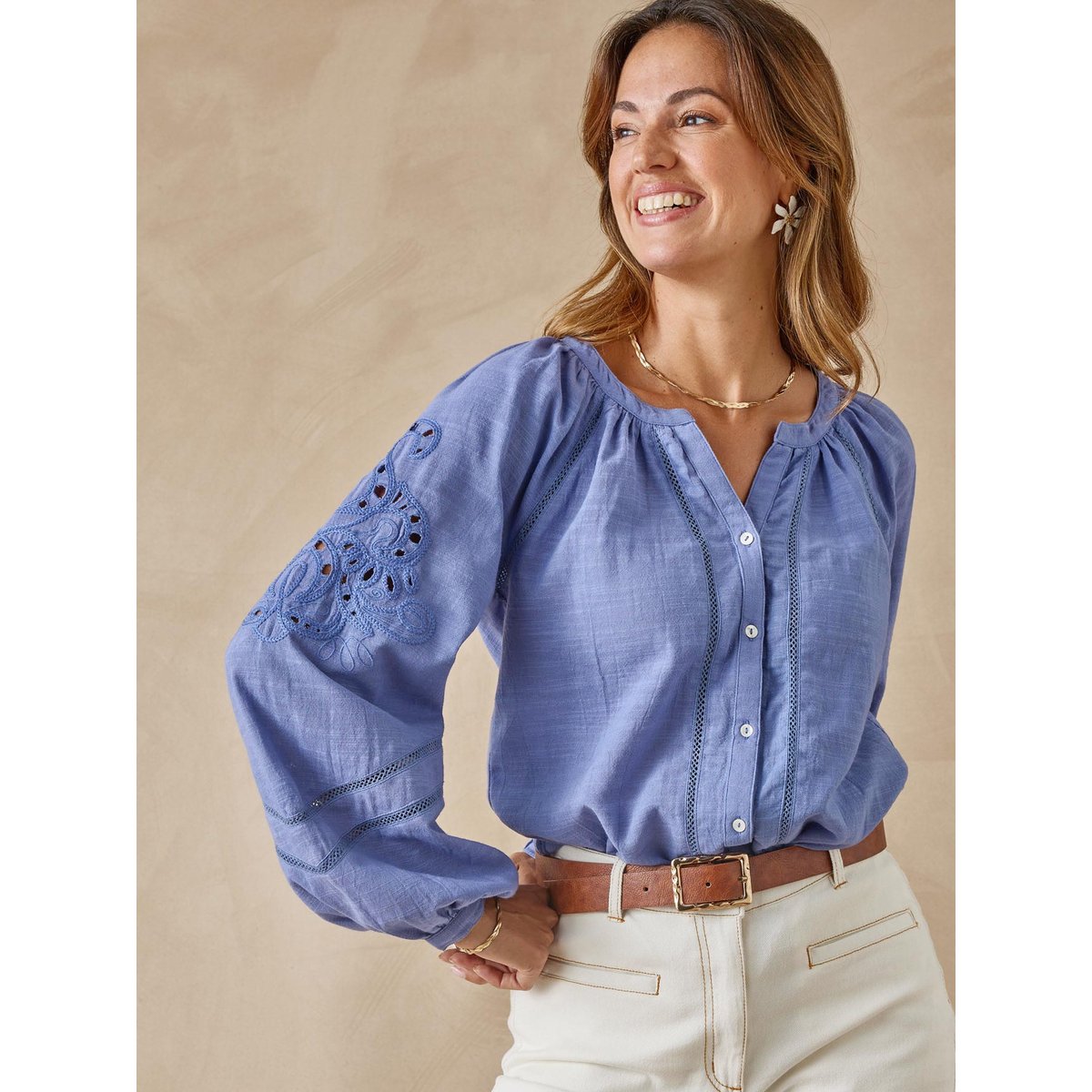Blouse manches brodées femme bleu jean, DAXON
