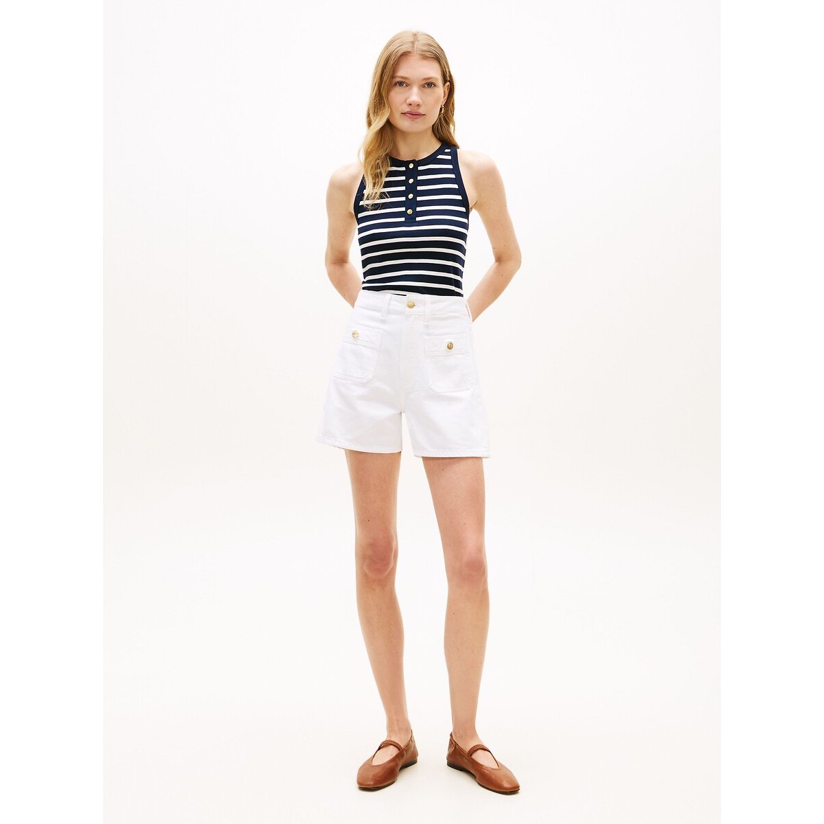 Canotta a righe con colletto rotondo abbottonato marine/écru, TOMMY HILFIGER