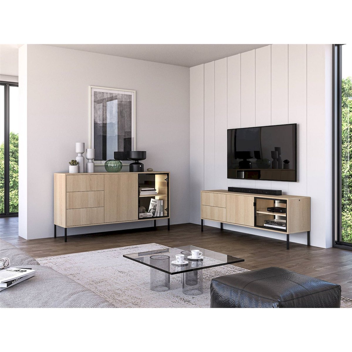 Meuble tv BARNEE bois avec portes et leds cachemire, RECOLLECTION