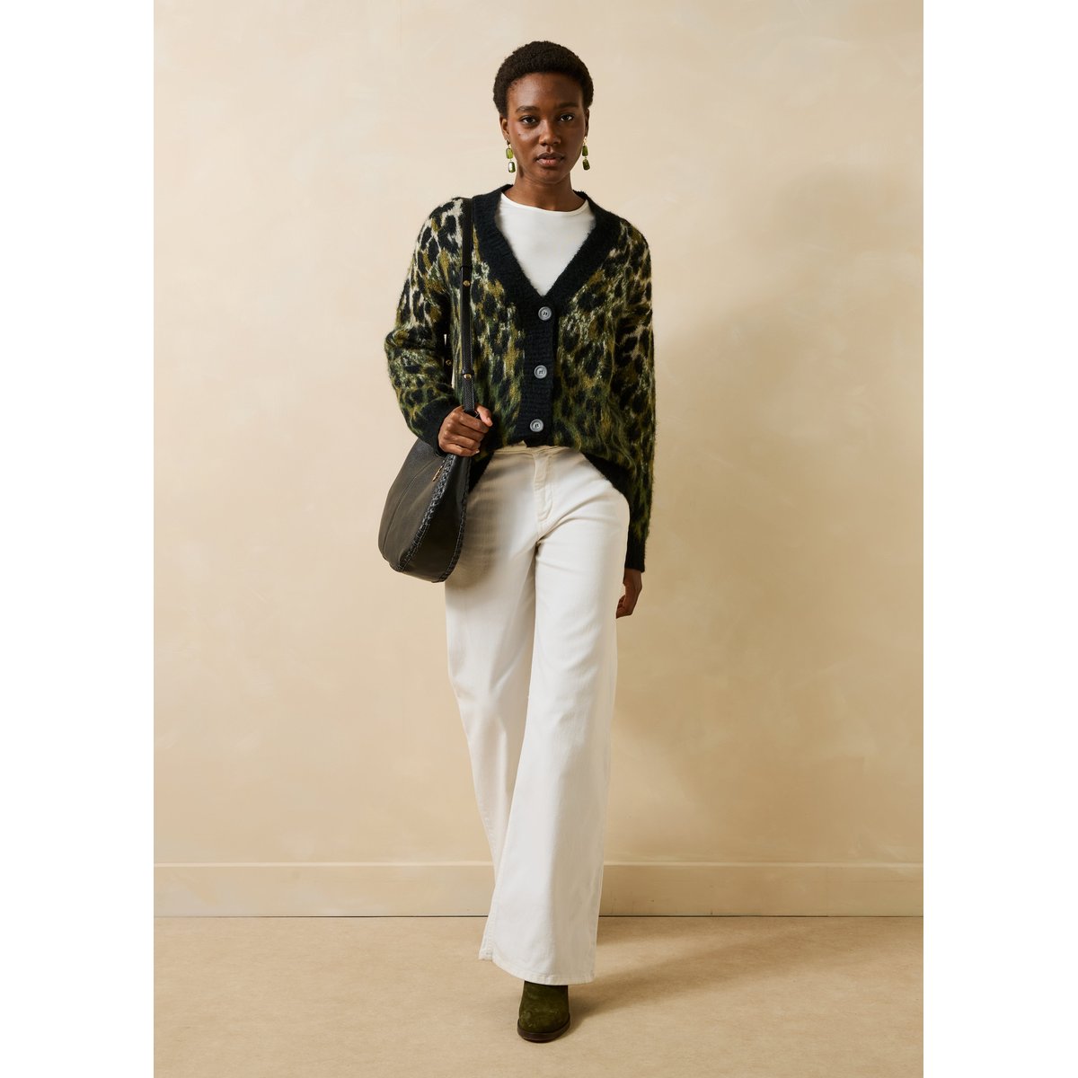 Gilet manches longues en jacquard col v kaki, LA FEE MARABOUTEE
