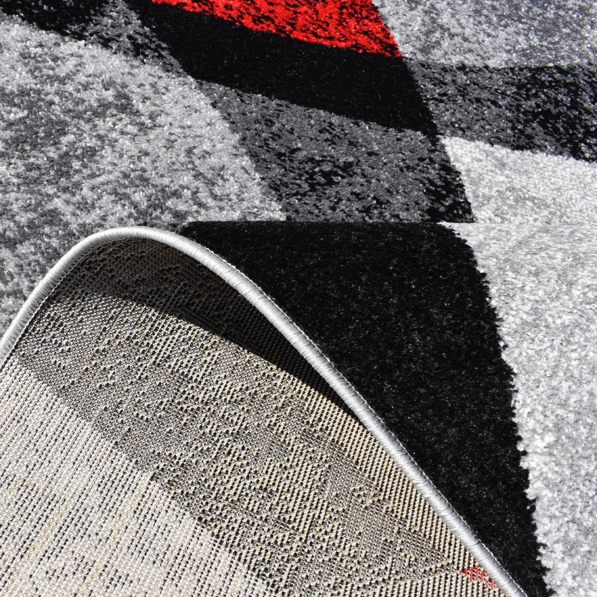 Tapis salon et chambre tissé motif géométrique RADULE rouge, gris, noir, écru, UN AMOUR DE TAPIS
