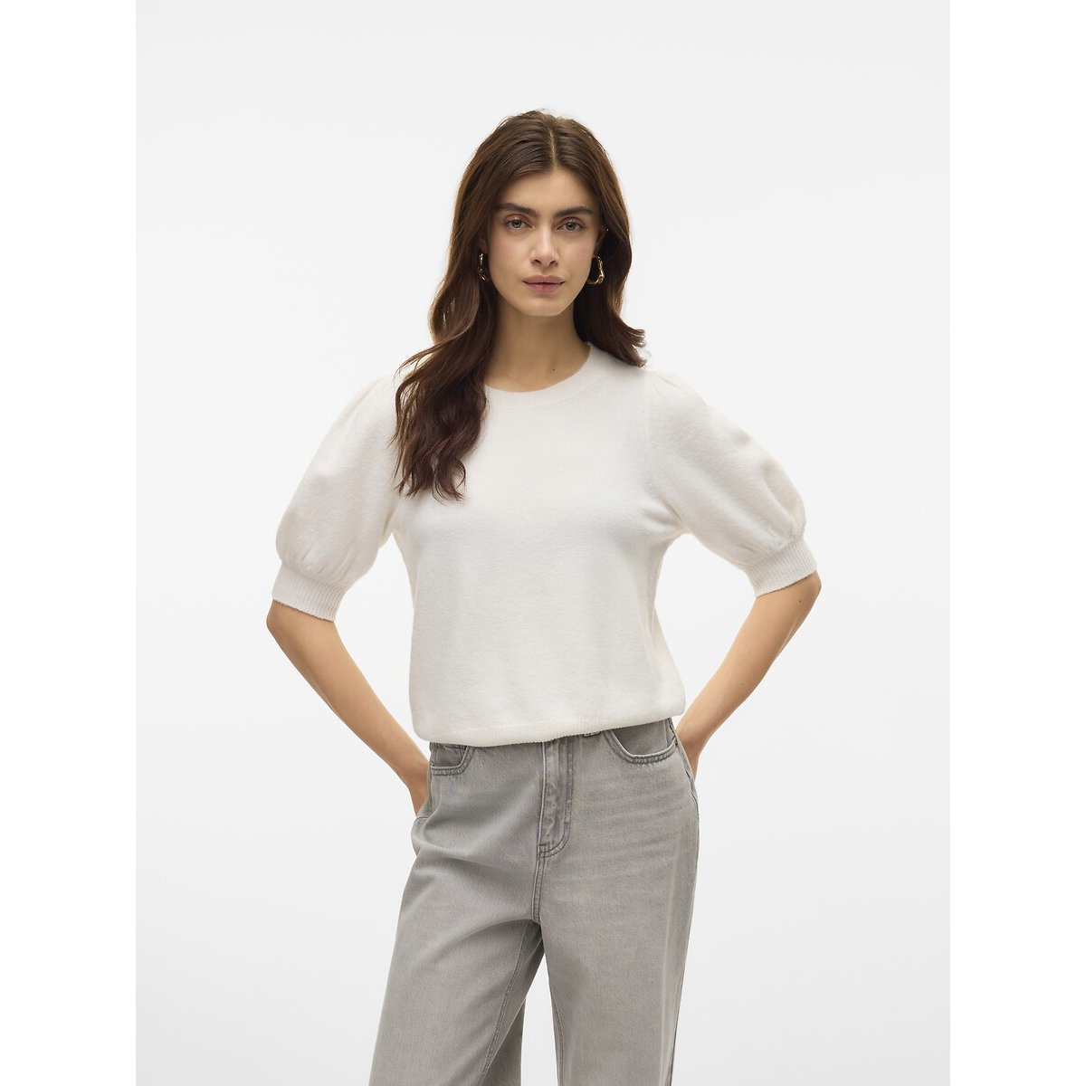 Pull girocollo con maniche 3/4 bianco, VERO MODA