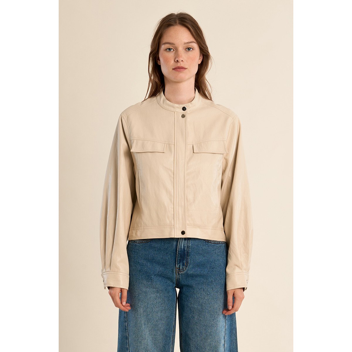 Veste courte mortard, effet simili-cuir beige, MOLLY BRACKEN