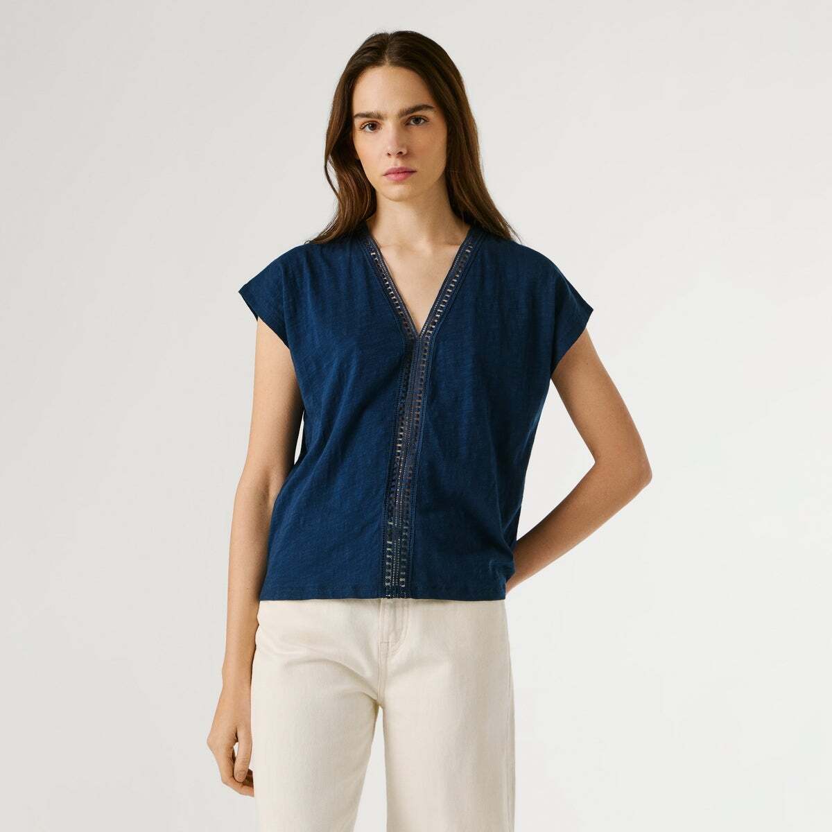 T-Shirt À Col V Avec Détails Ajourés bleu des profondeurs, PEPE JEANS