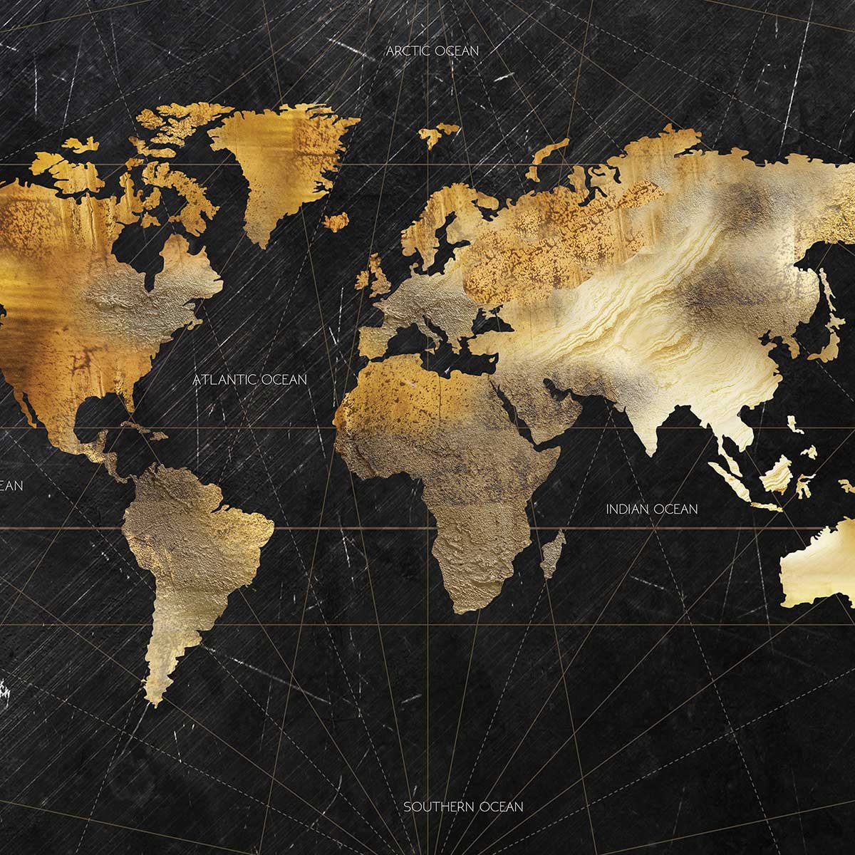 Affiche carte du monde dorée affiche + cadre en bois - noir, HEXOA