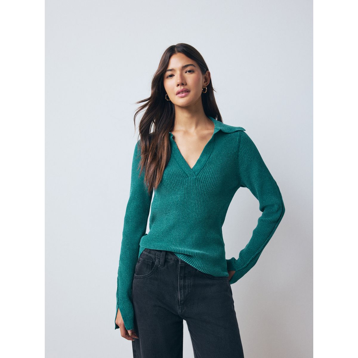 Pull en maille chenille côtelée avec col polo bleu sarcelle, NEXT