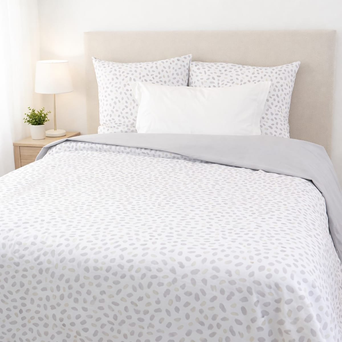 Parure housse de couette imprimés coton réversible SOPHIE gris, LINANDELLE