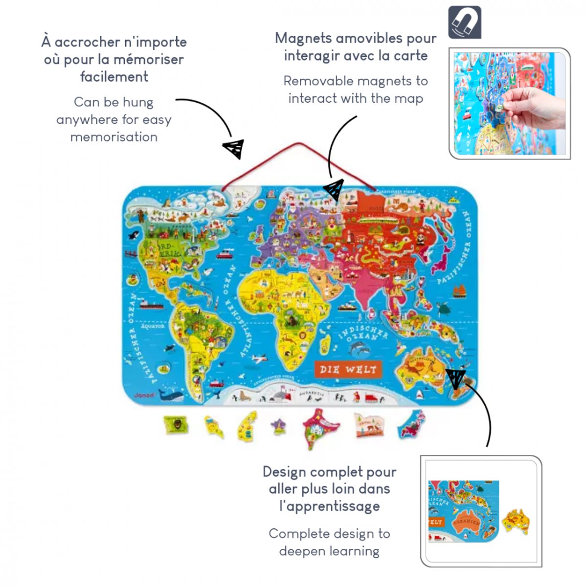 Puzzle Monde Magnétique Allemand 92 Pièces couleur unique, JANOD