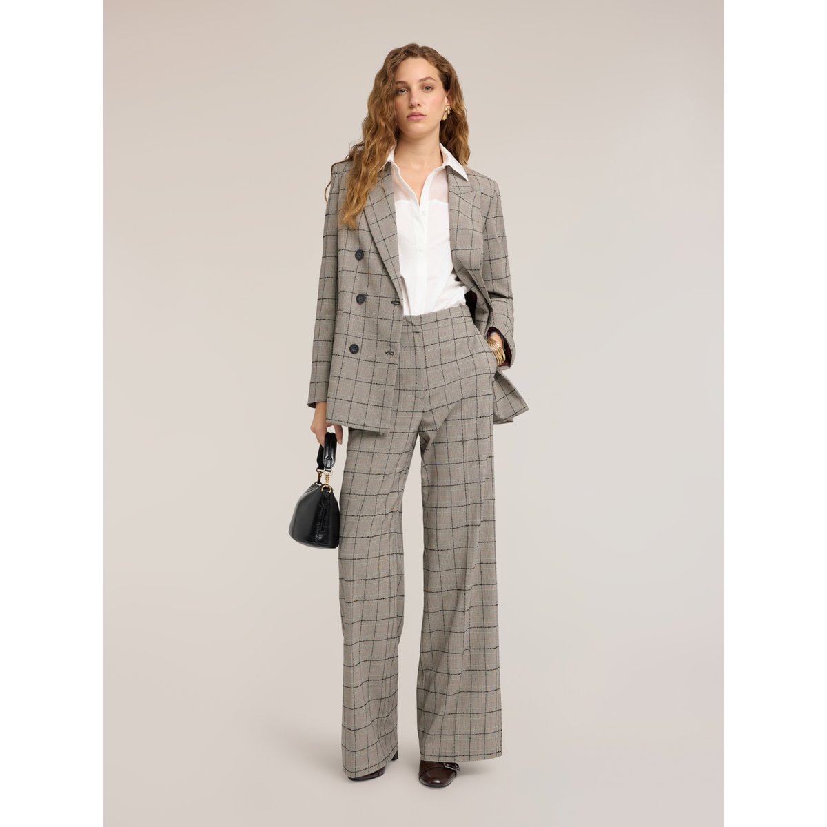 Pantalon palazzo à motif Prince de Galles gris, MOTIVI