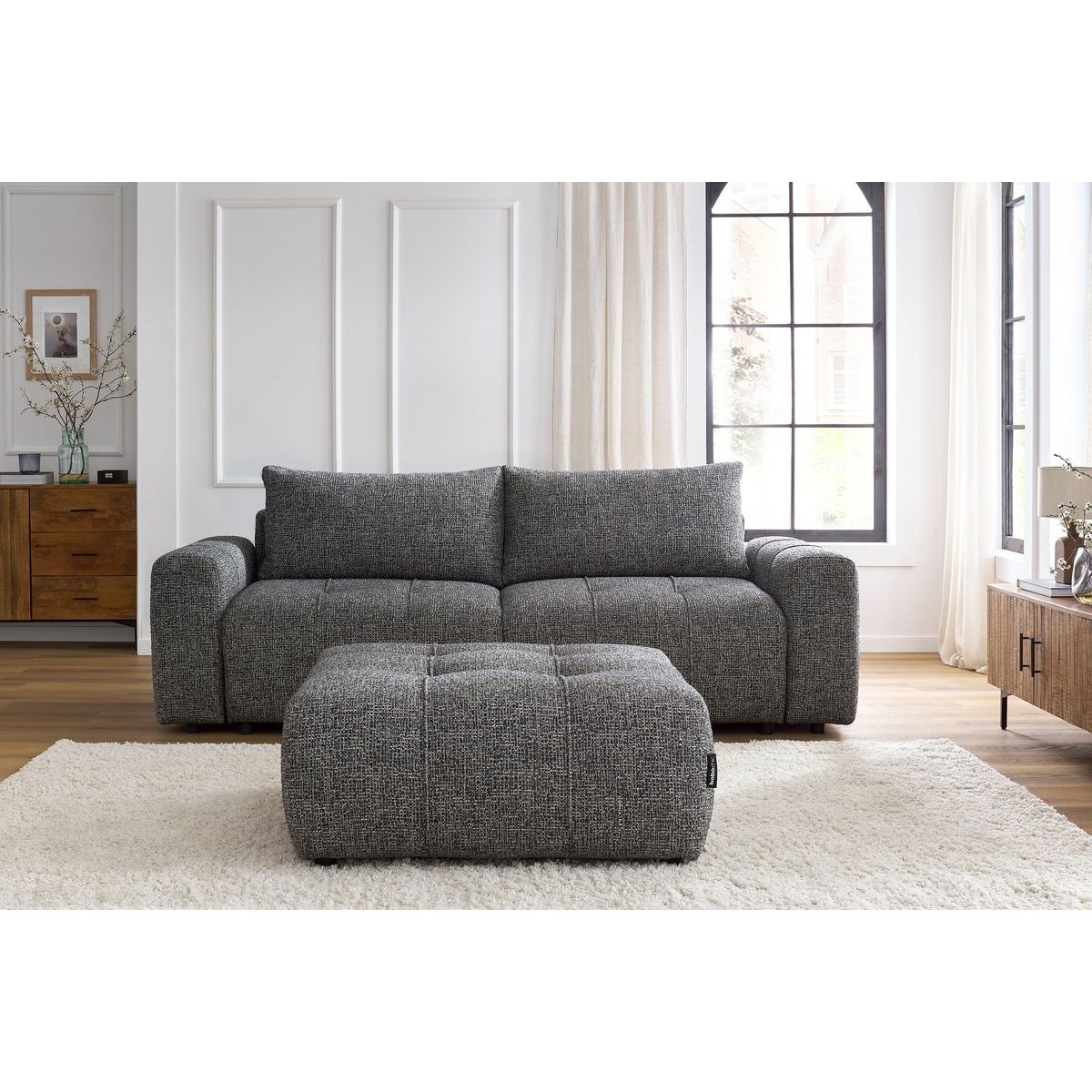 Canapé droit convertible 4 places en tissu chiné avec pouf, ARSENE gris foncé, BOBOCHIC