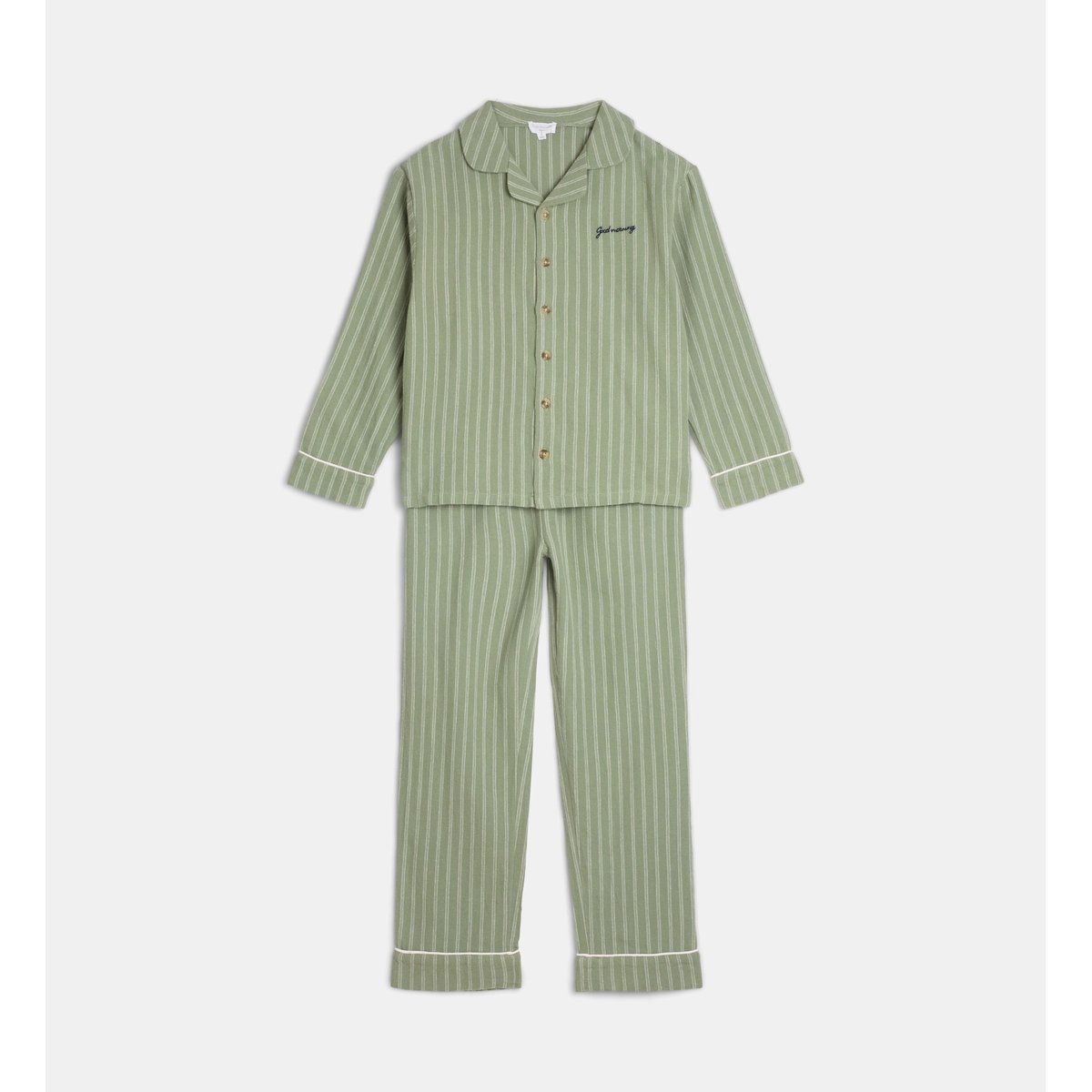 Pyjama long droit tobias en flanelle de coton bio vert et écru, CADET ROUSSELLE