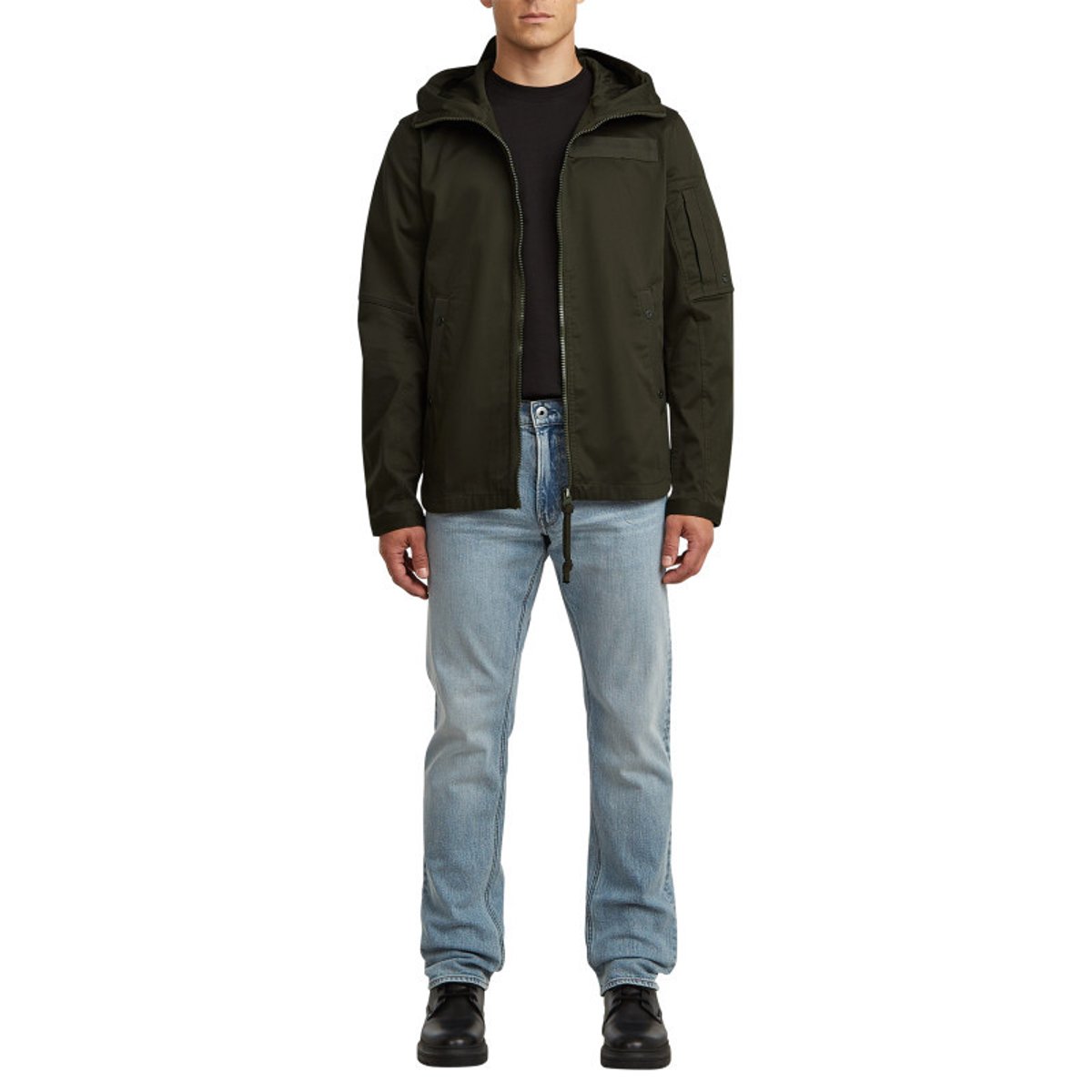 Blouson en coton biologique kaki uni avec une coupe droite et un col à capuche vert, G-Star RAW