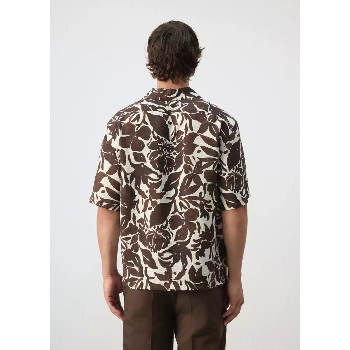 Chemise coton imprimée col bowling marron, MANGO MAN