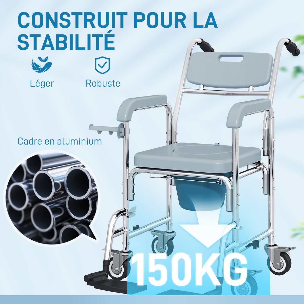 Fauteuil roulant avec cuvette Aluminium Gris gris, HOMCOM