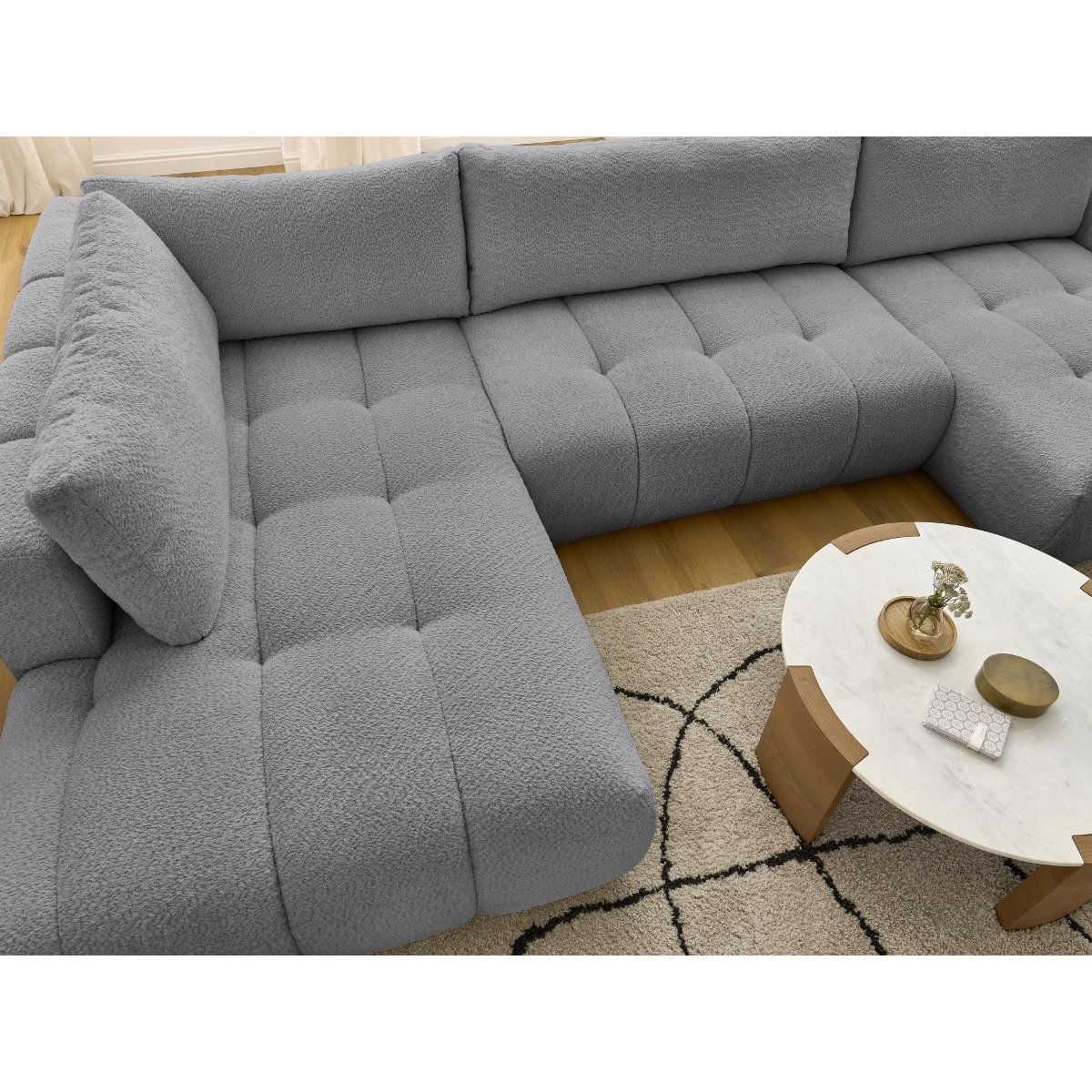 Canapé panoramique convertible 5 places en tissu bouclette, FUJI gris foncé, BOBOCHIC