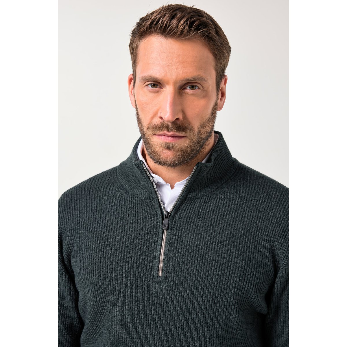 Pull camionneur en maille, col zippé vert minuit, JP1880