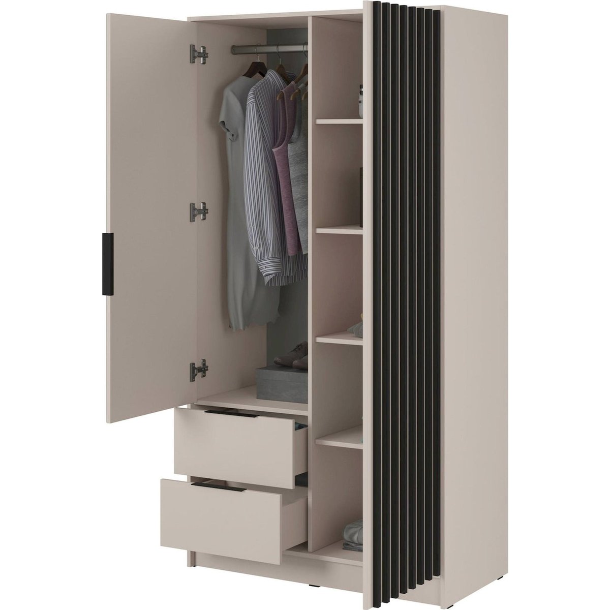 Armoire 2 portes avec miroir et lattes KARETTE gris et bois clair, RECOLLECTION