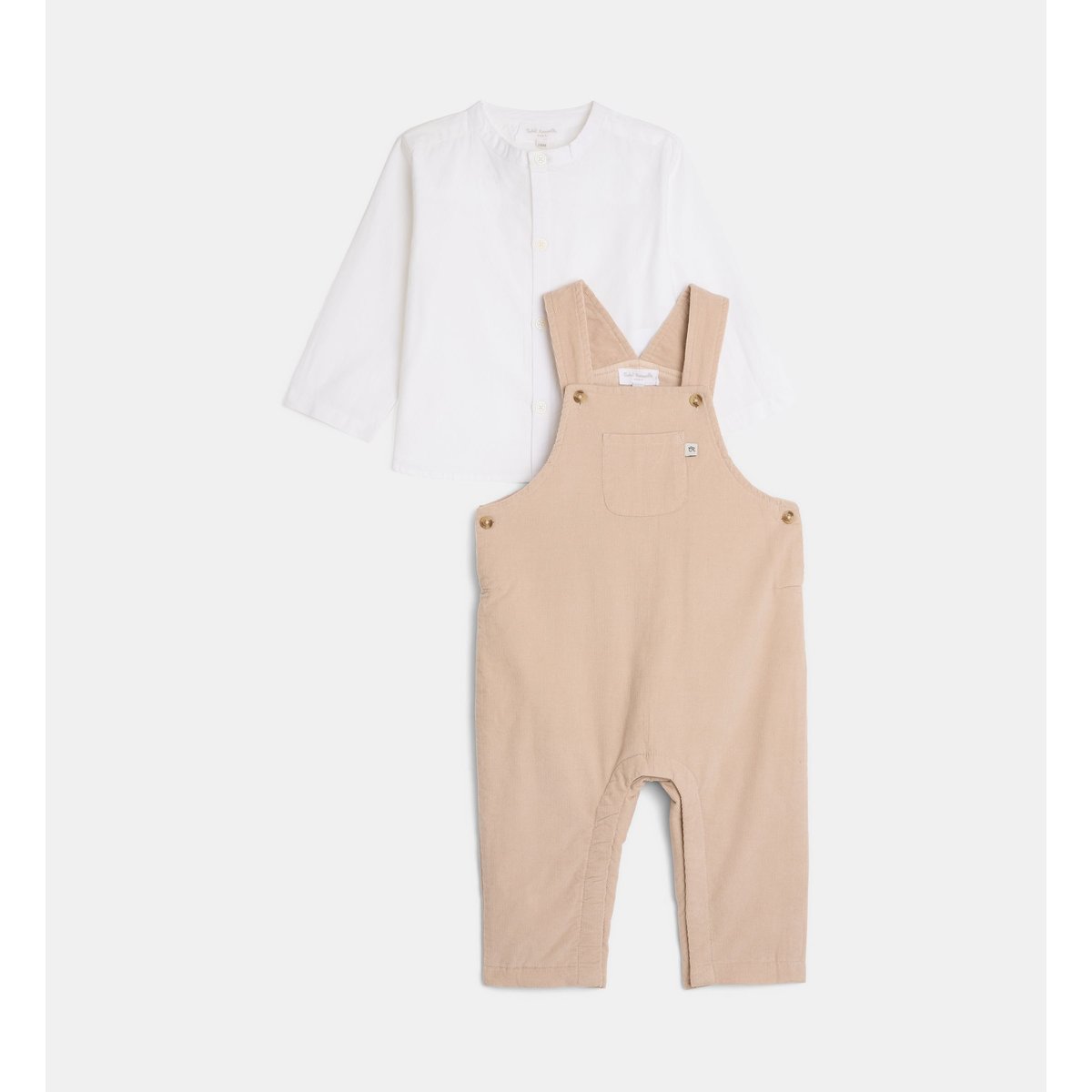 Ensemble salopette chemise targo velours coton bio écru et beige, CADET ROUSSELLE