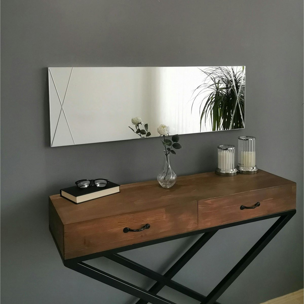 Miroir rectangulaire mural avec décor croisé 105 cm CODY argenté, PIER IMPORT