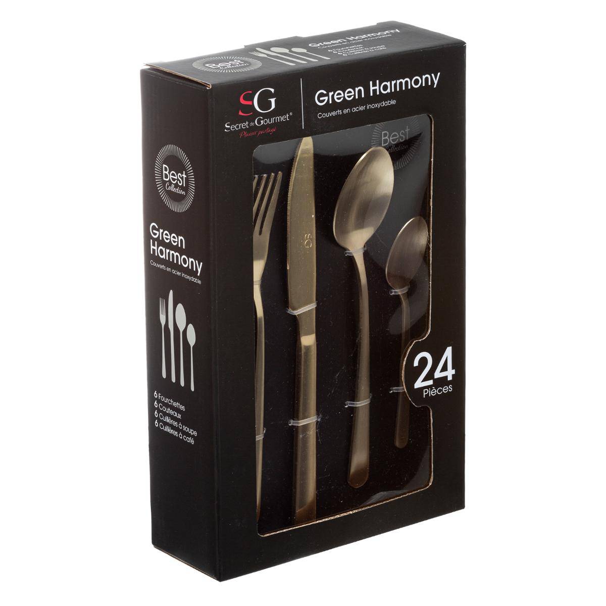 Ménagère 24 pièces en acier inoxydable GREEN HARMONY doré, SECRET DE GOURMET