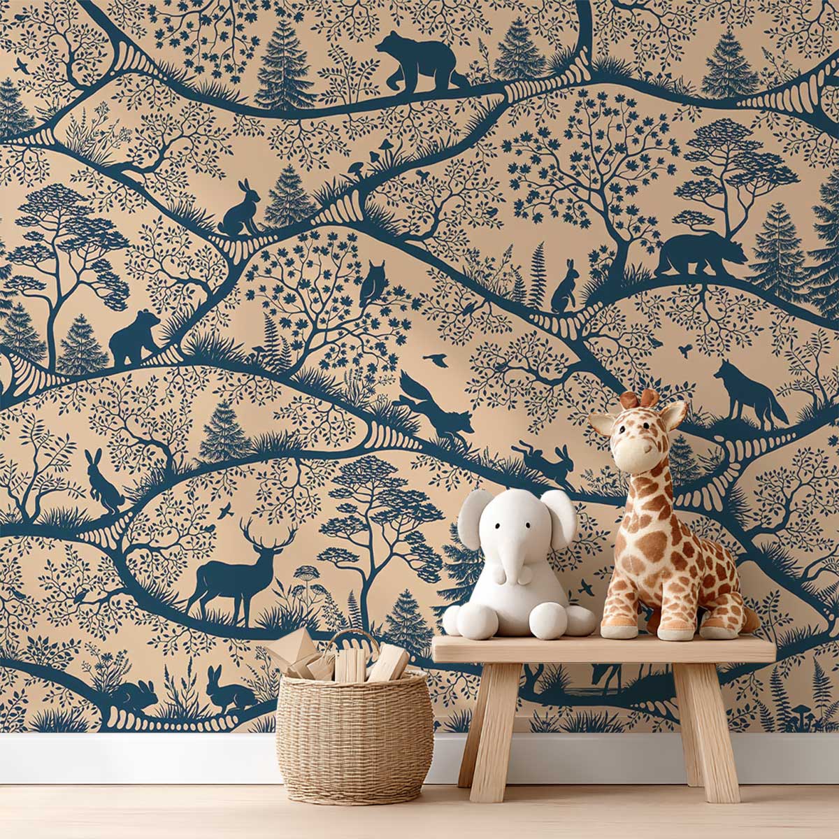 Papier peint forêt ludique chambre enfant bleu, HEXOA