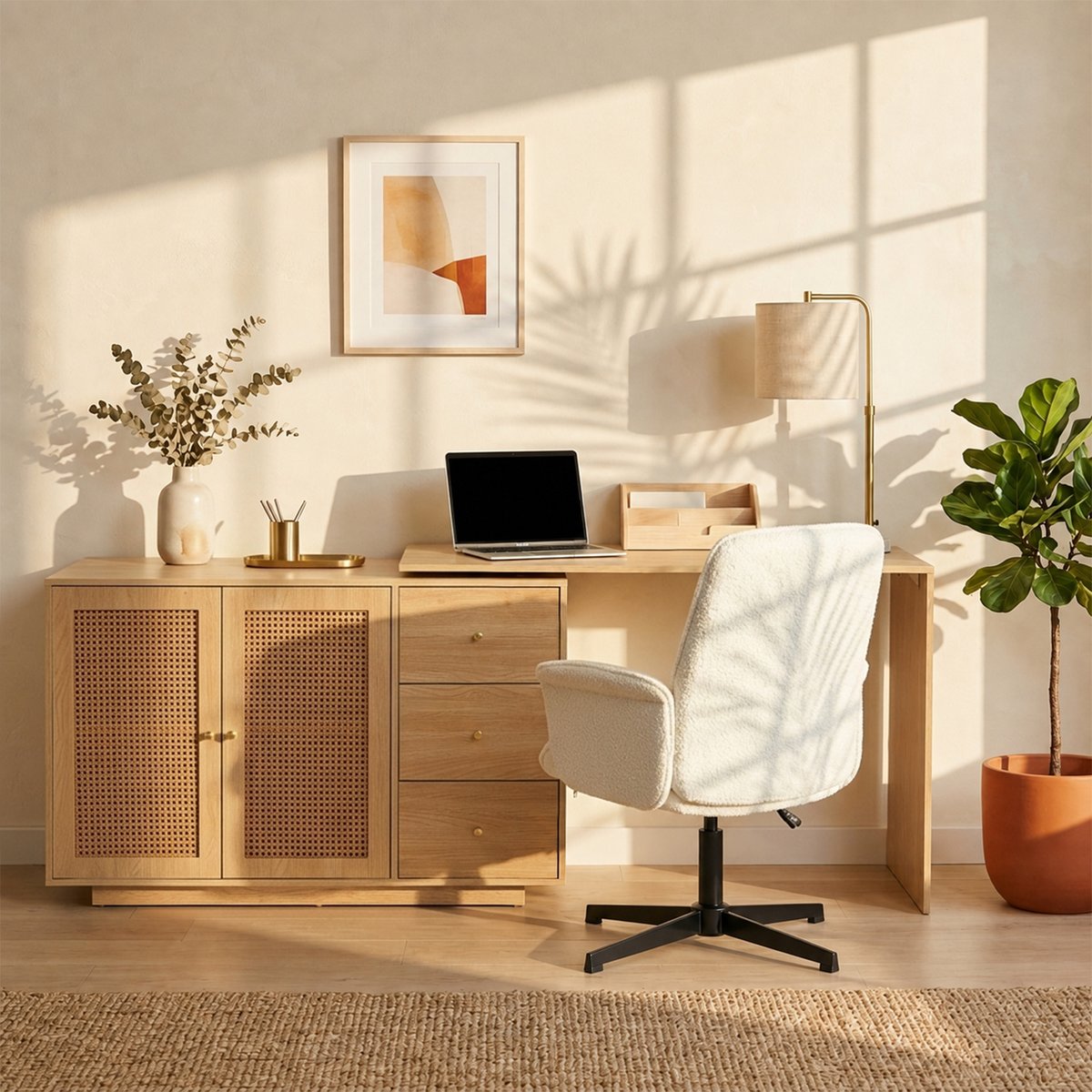 Ensemble de bureau d’angle rotatif avec portes rotin et chaise de bureau, DICCPERNTHOMASINAB blanc, MEUBLES COSY