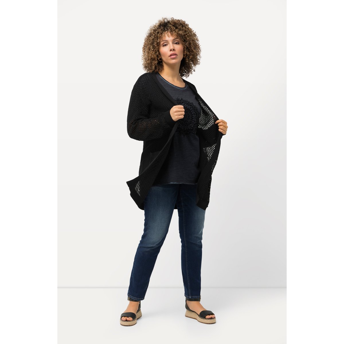 Cardigan long. Coupe ouverte noir, ULLA POPKEN