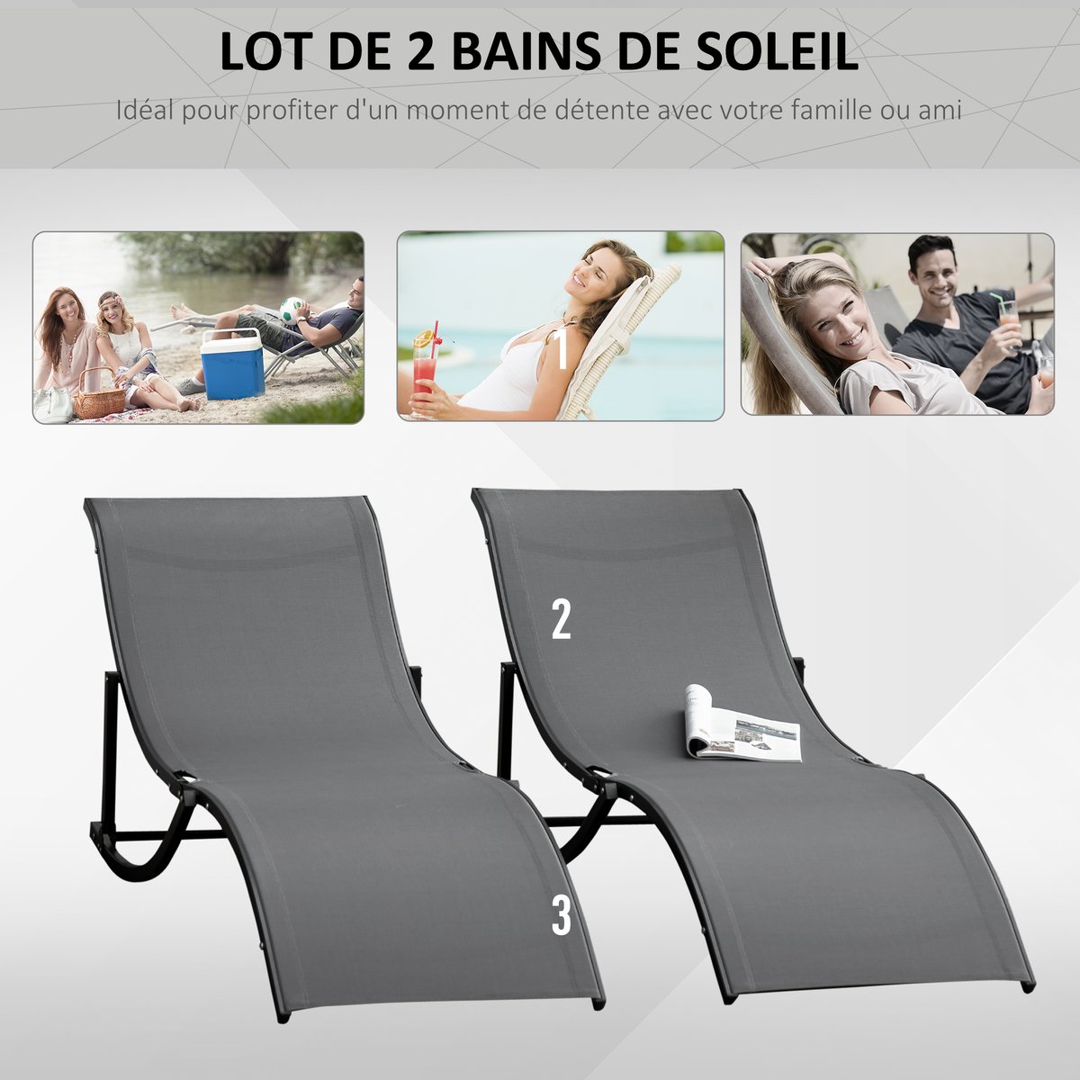Ensemble de chaises longues Aluminium Gris anthracite, OUTSUNNY