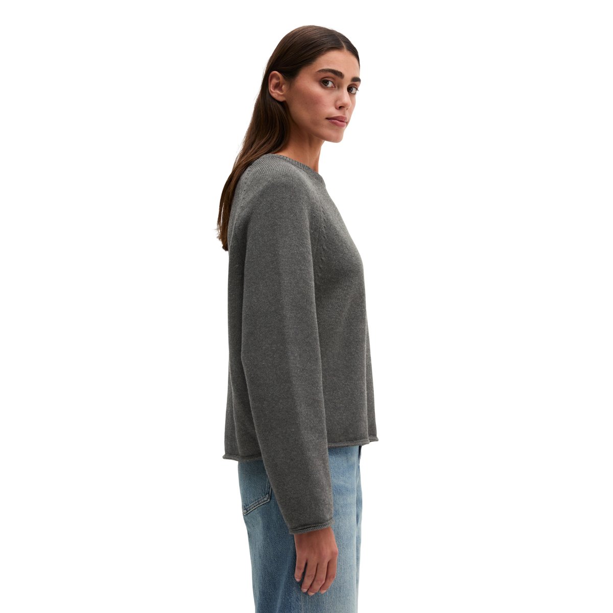 Pull à col rond, coupe classique en coton biologique épais gris, MARC O'POLO