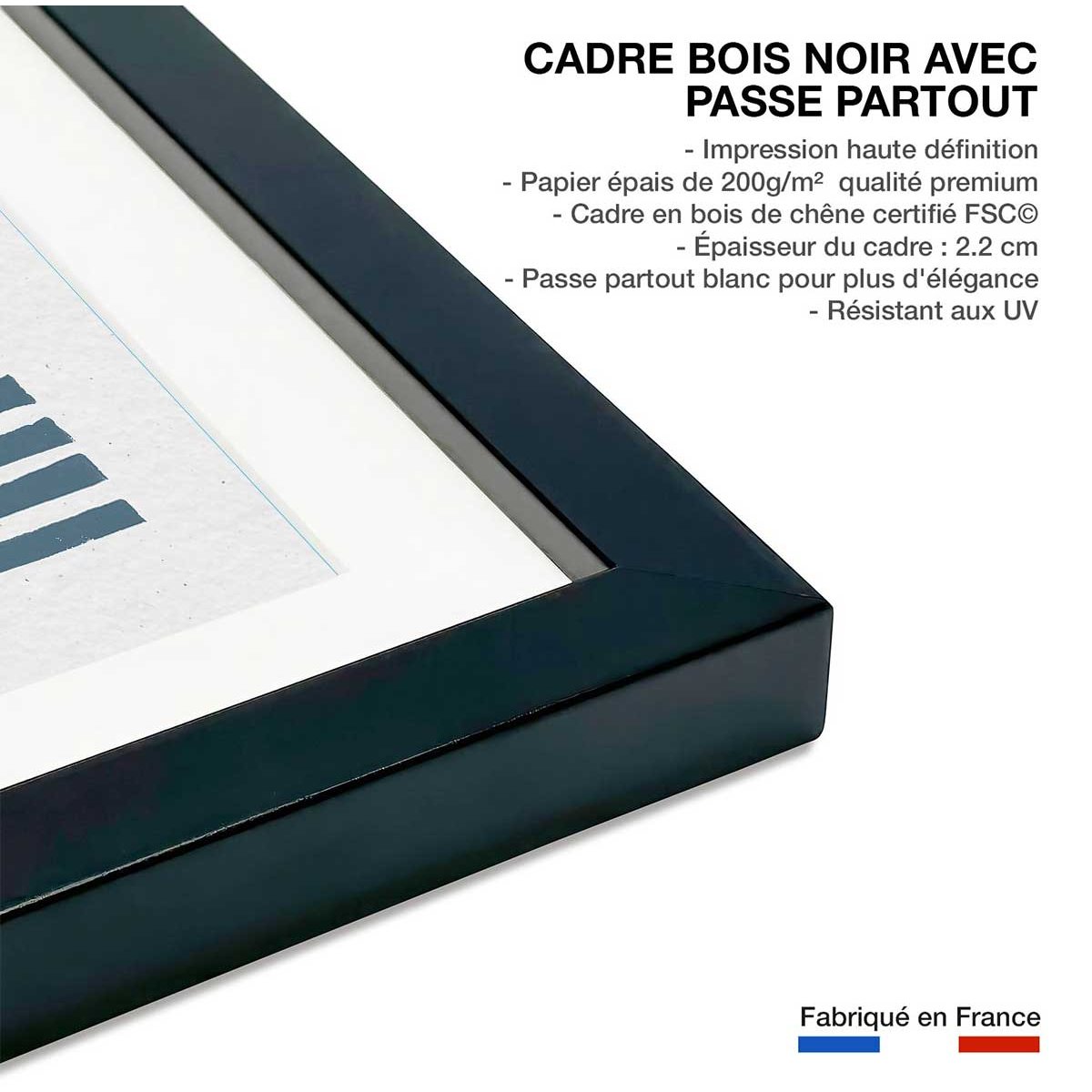 Poster Rayures bleues d'été affiche + cadre en bois - noir, HEXOA