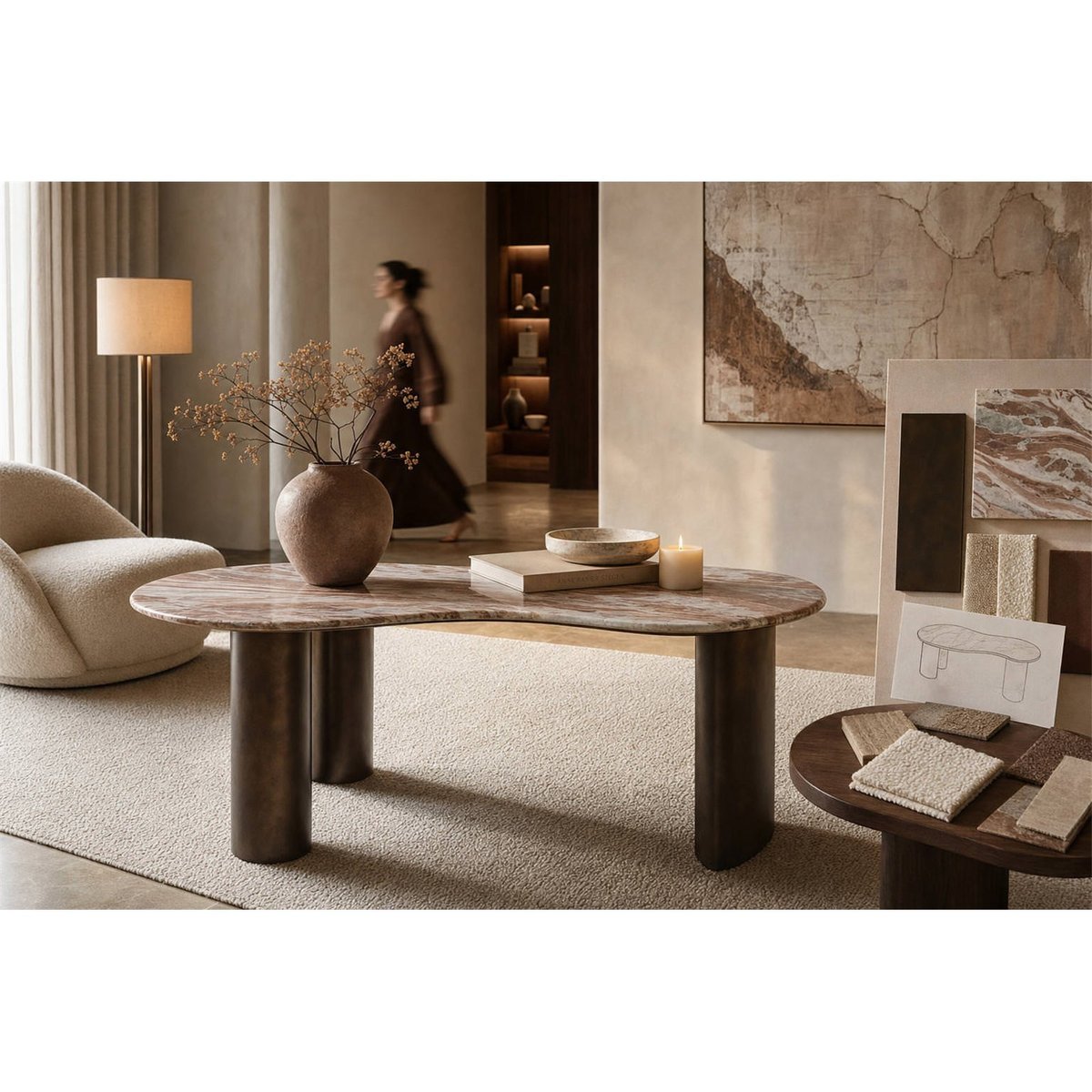 Bureau organique en marbre beige blush et brun, RECOLLECTION