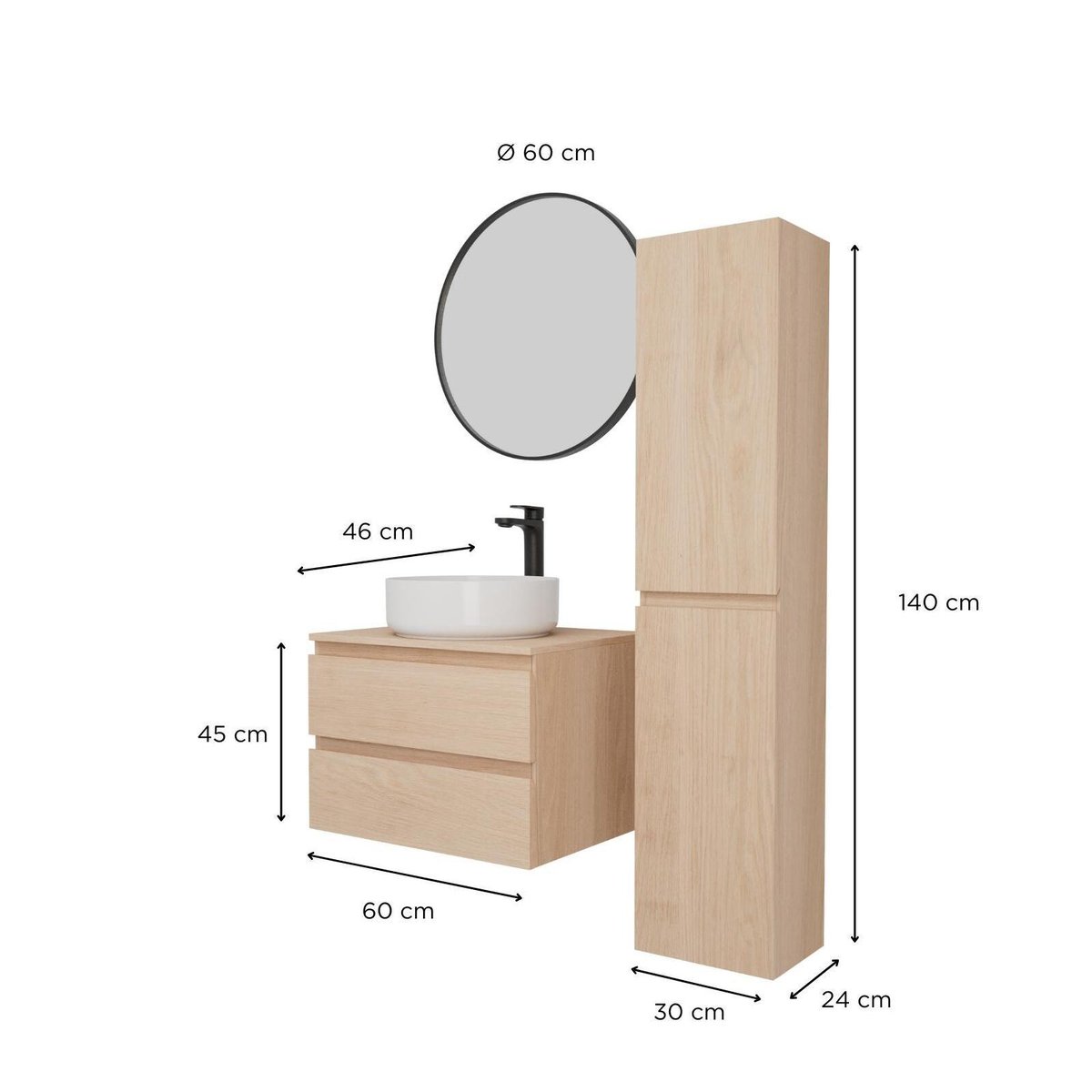 Ensemble meuble simple vasque 60 cm + vasque + robinet + miroir + colonne SORRENTO chêne, MOB IN