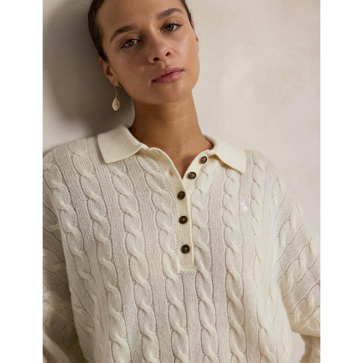 Pull col polo torsadé, 90% laine 10% cachemire crème, POLO RALPH LAUREN