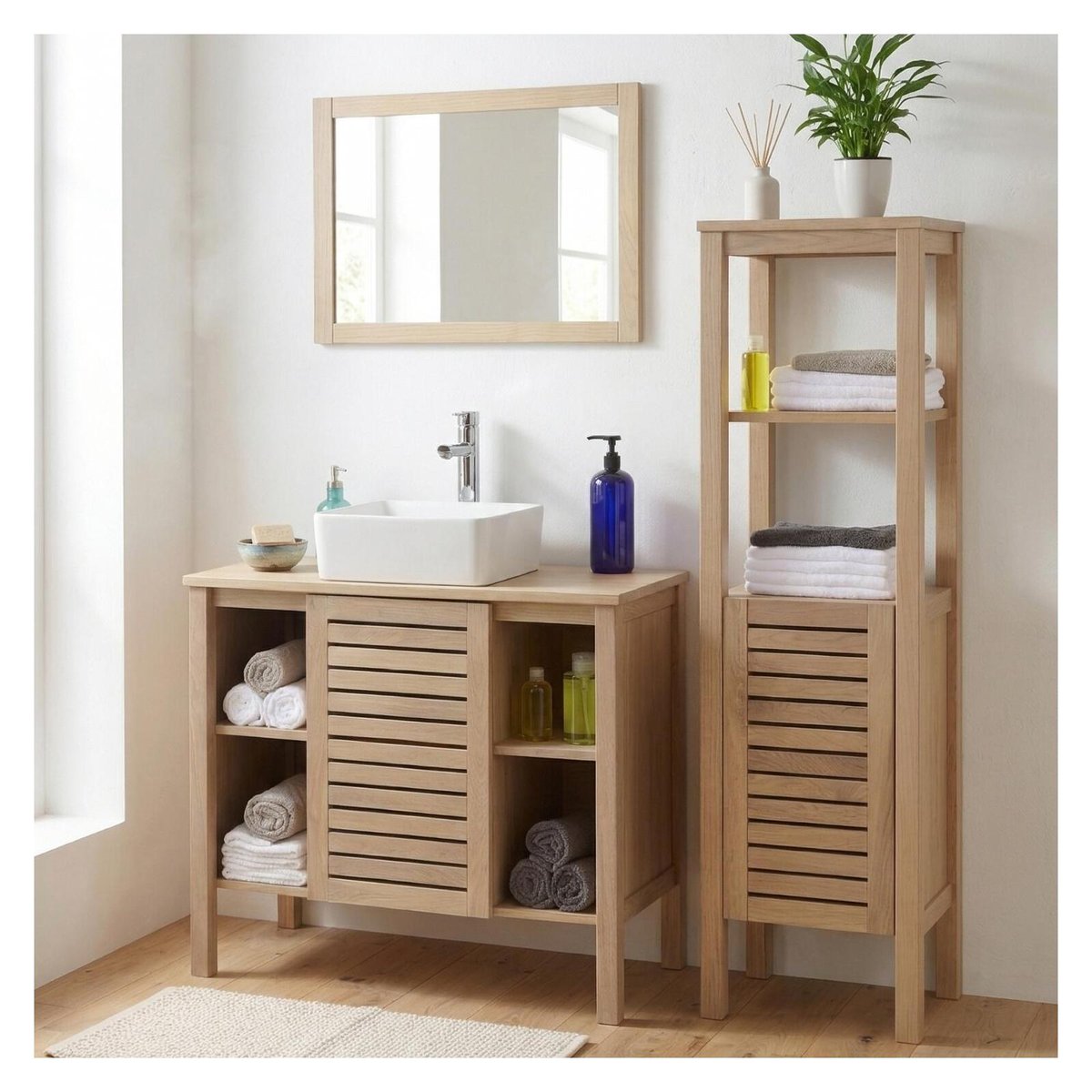 Ensemble simple vasque 90cm chêne avec vasque, robinet, miroir et colonne TALIX chêne, MOB IN