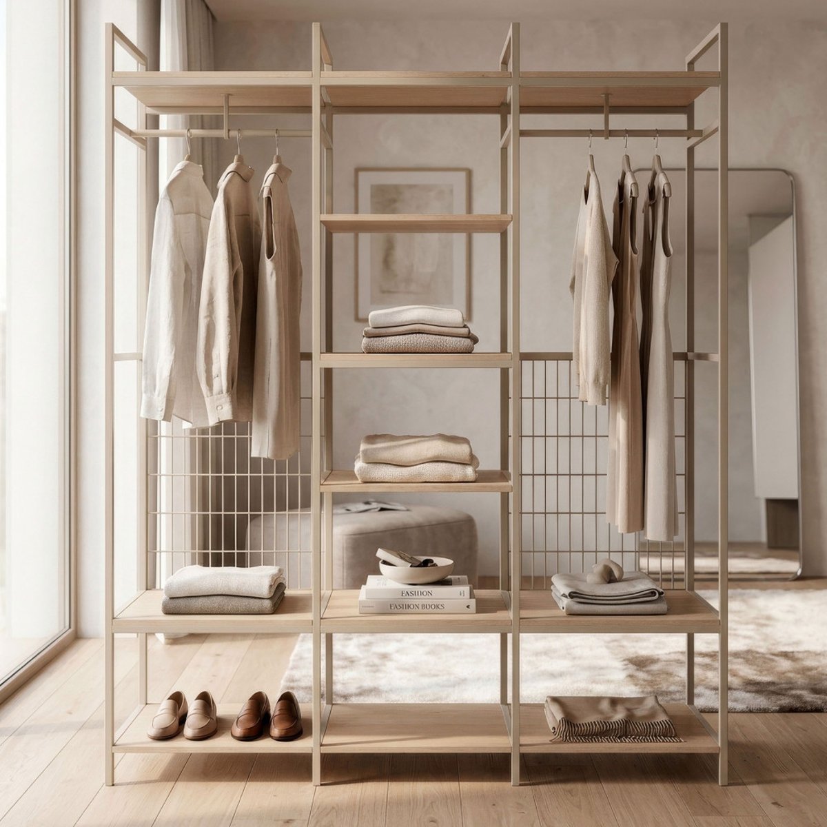 Dressing ouvert modulable 3 éléments en métal et bois L140xH179,5cm- AQABA beige, DRAWER