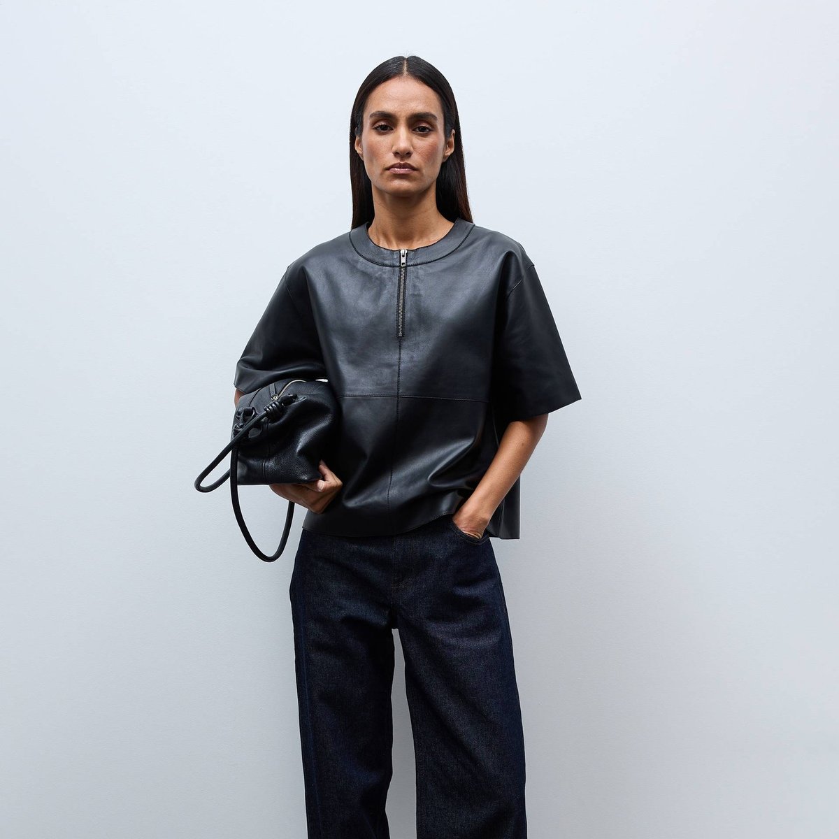 Top manches coudes en cuir noir, MONOPRIX