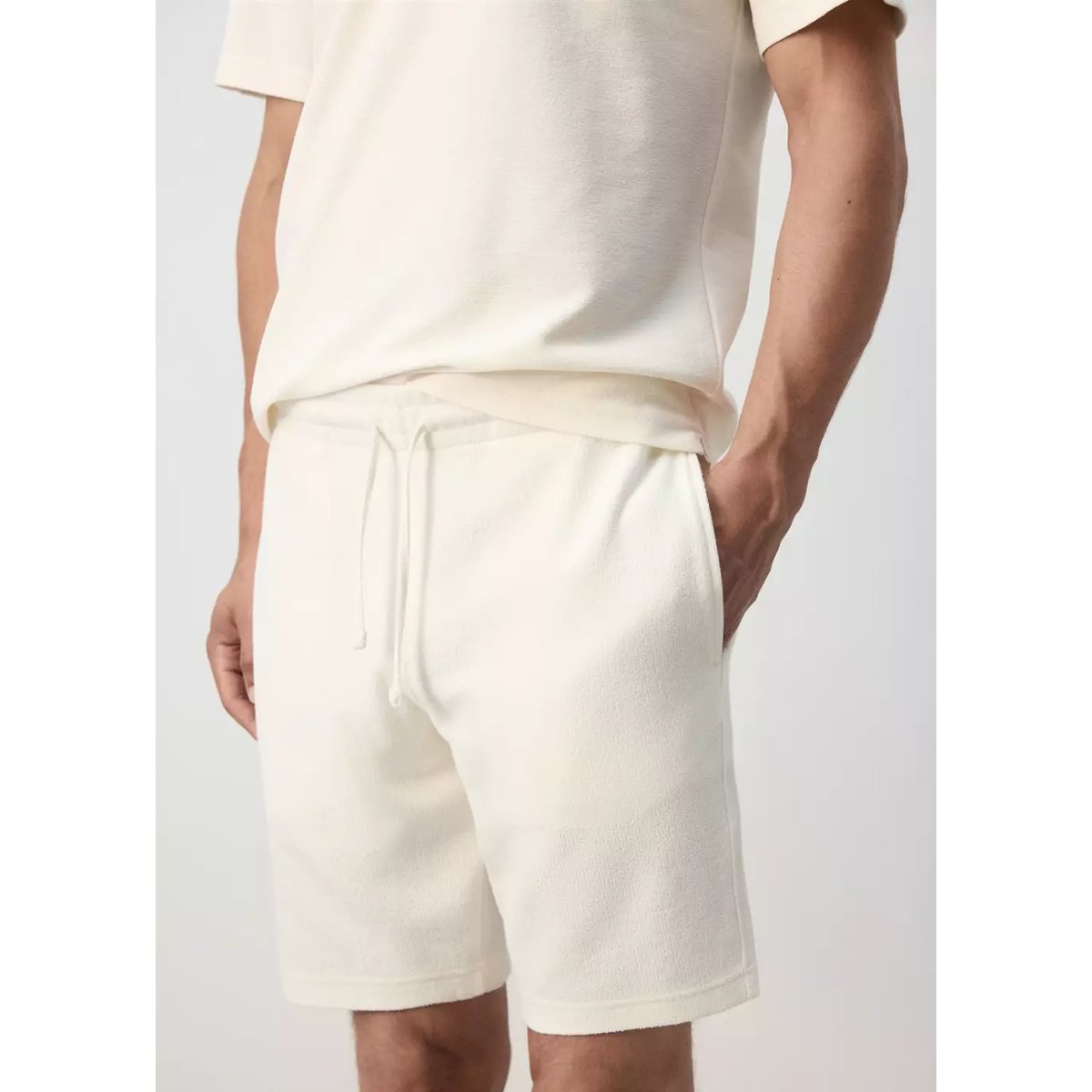 Bermuda en mélange de coton texturé cordon blanc, MANGO MAN