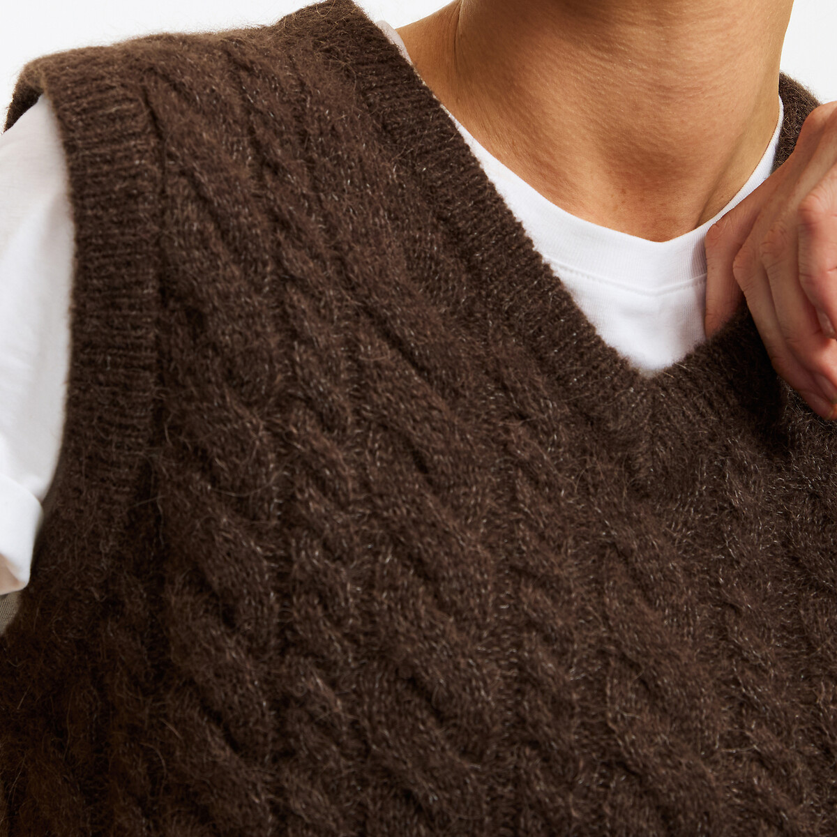 Alpaca Blend Sleeveless Cable Knit V-Neck Jumper brown, LA REDOUTE COLLECTIONS