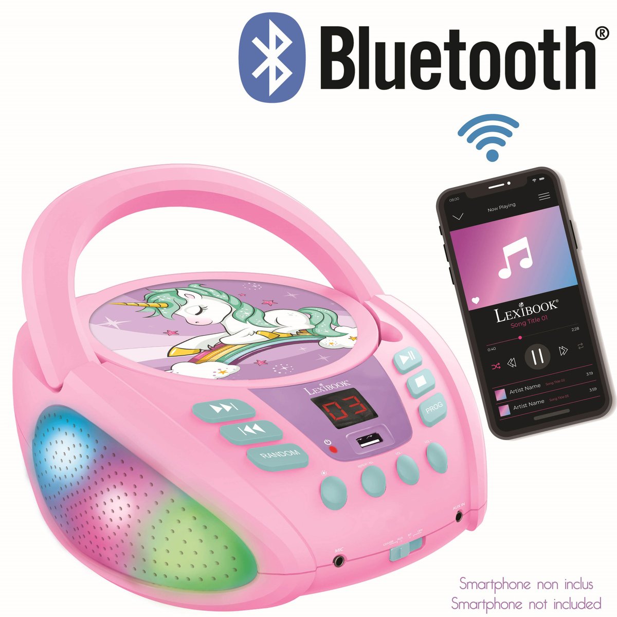 Lecteur CD Portable Bluetooth Licorne rose, LEXIBOOK