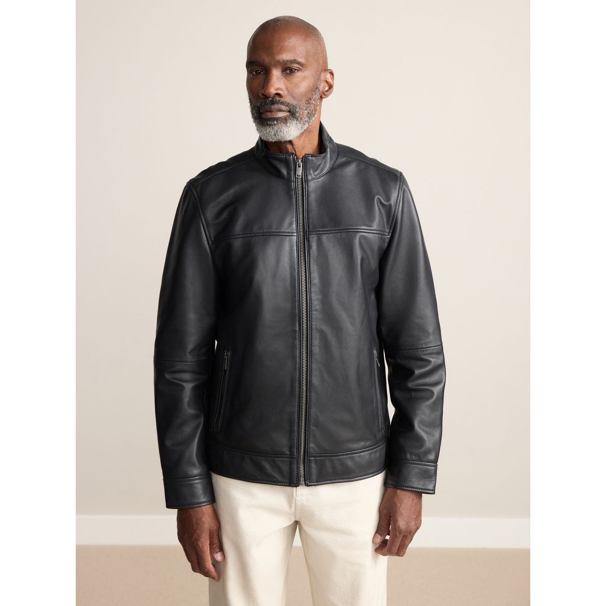 Veste en cuir avec col cheminée Signature noir, NEXT