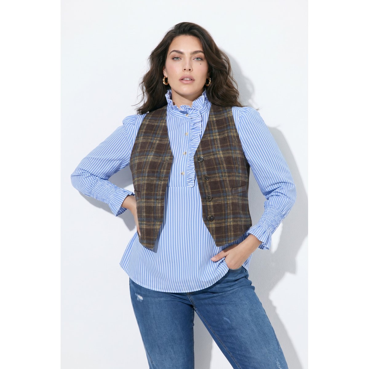 Gilet à carreaux, dentelle et col en V acajou, ULLA POPKEN