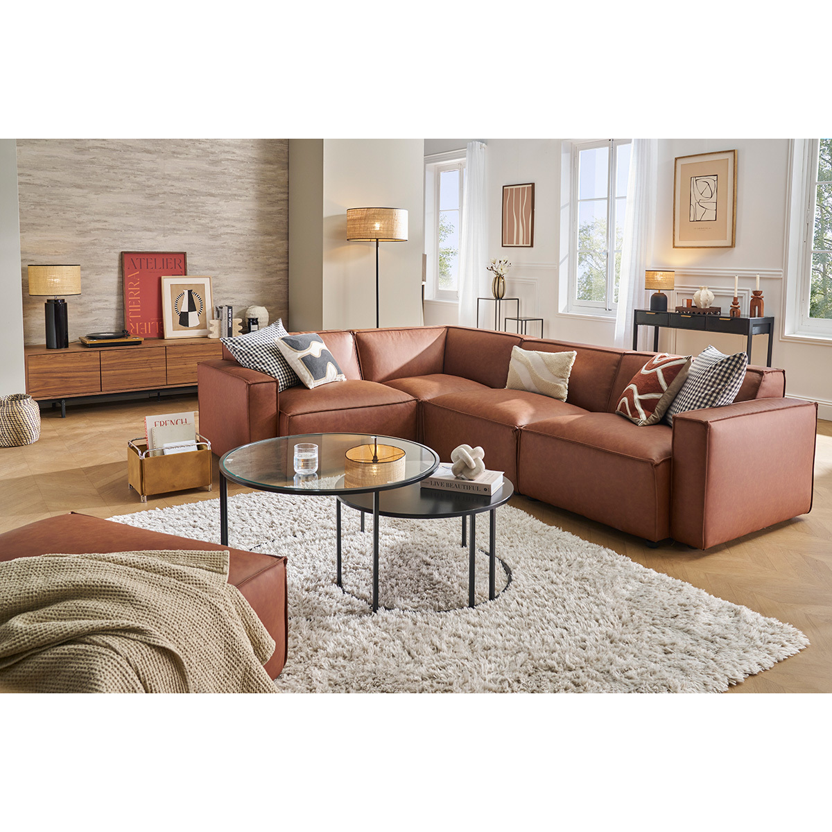 Canapé d'angle modulable 5 places en tissu effet velours texturé beige SPLIT marron, MILIBOO