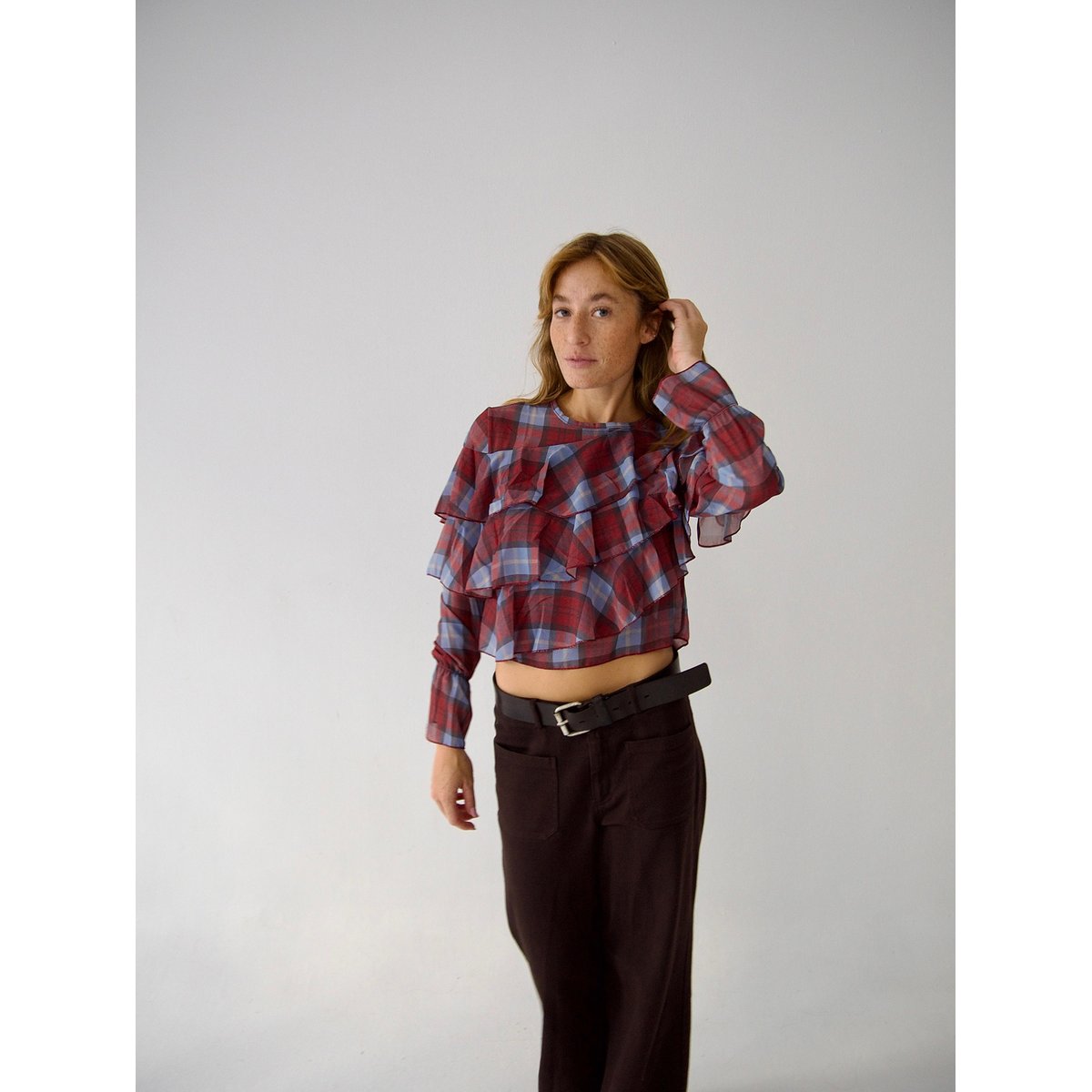 Blouse losanges à volants LÉA bordeaux / bleu, MINDTRAVELER