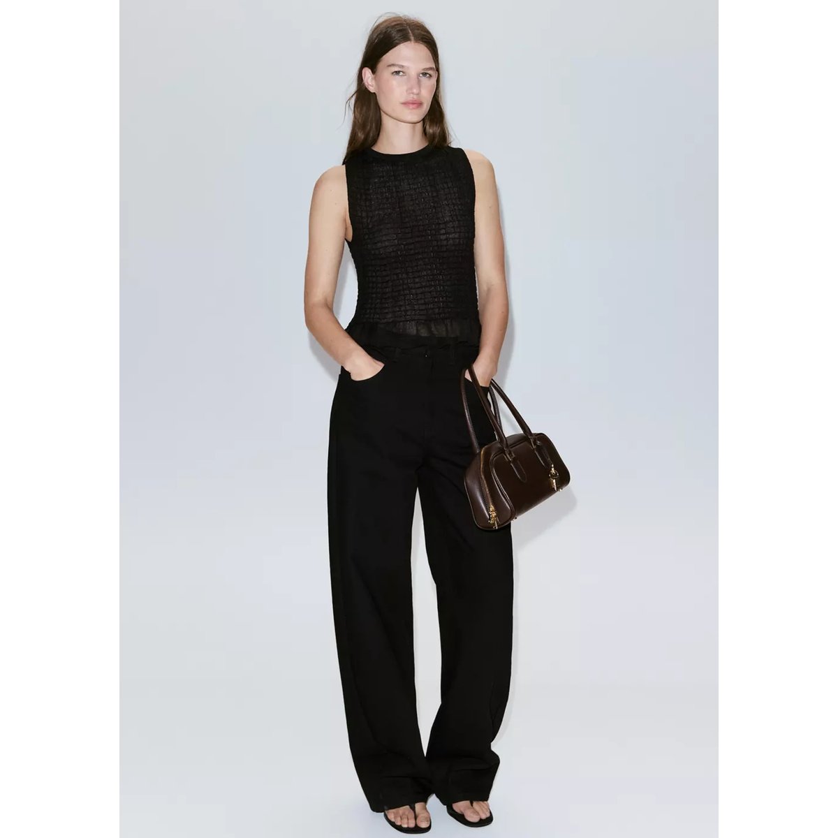 Top froncé semi-transparent noir, MANGO