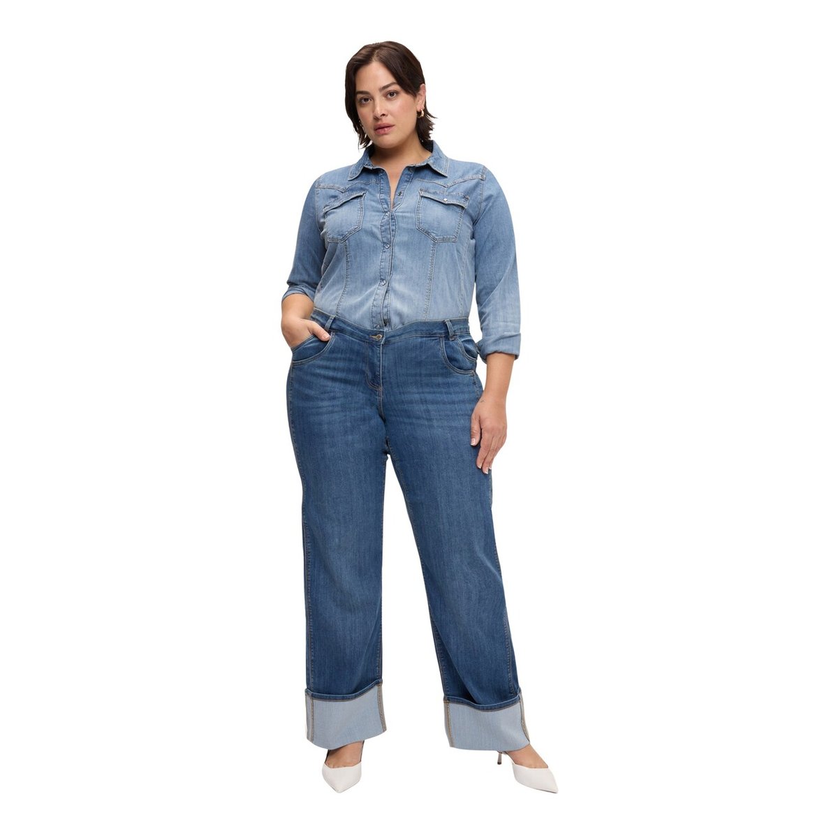 Jean droit avec maxi revers et double poche bleu, FIORELLA RUBINO