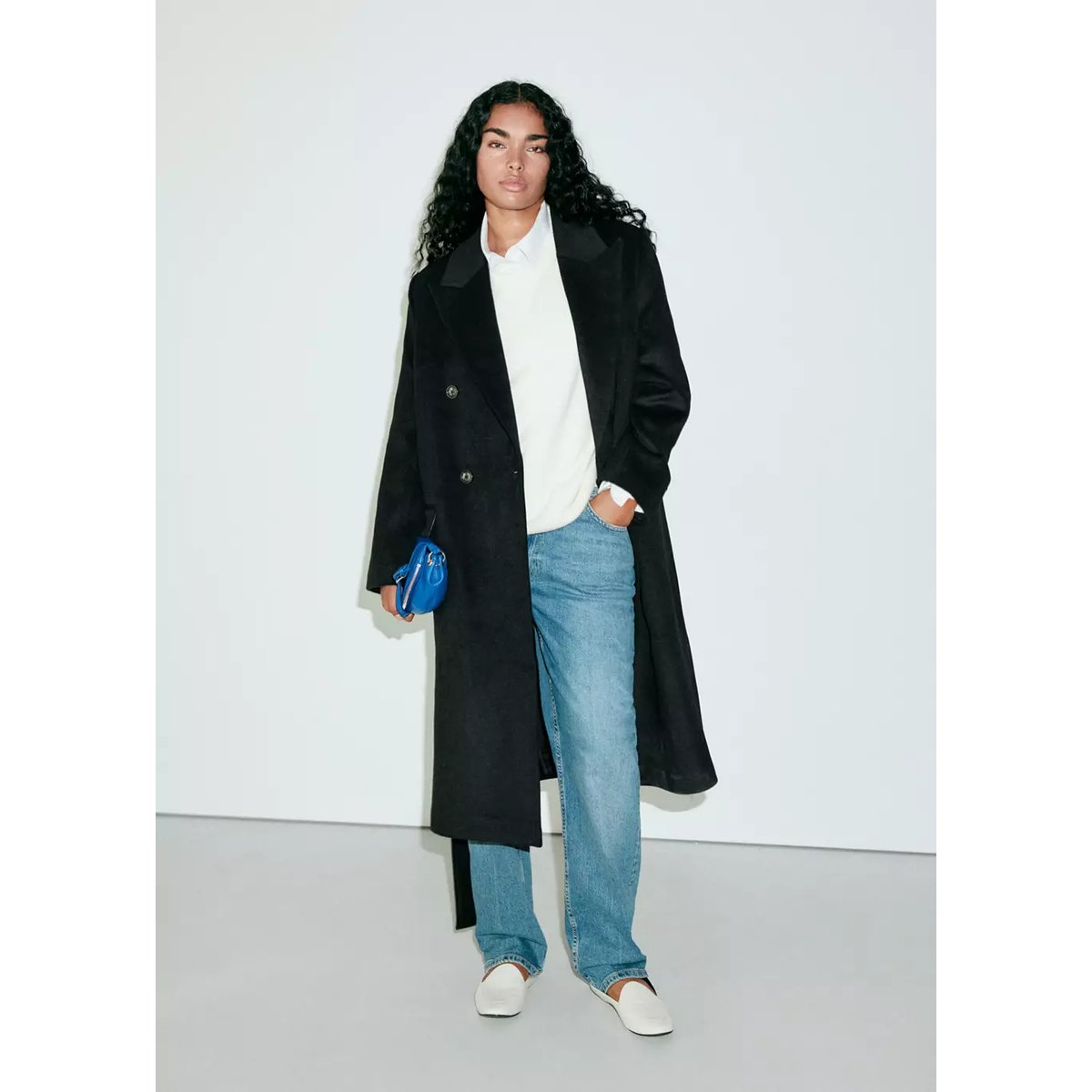 Manteau laine mélangée croisé noir, MANGO