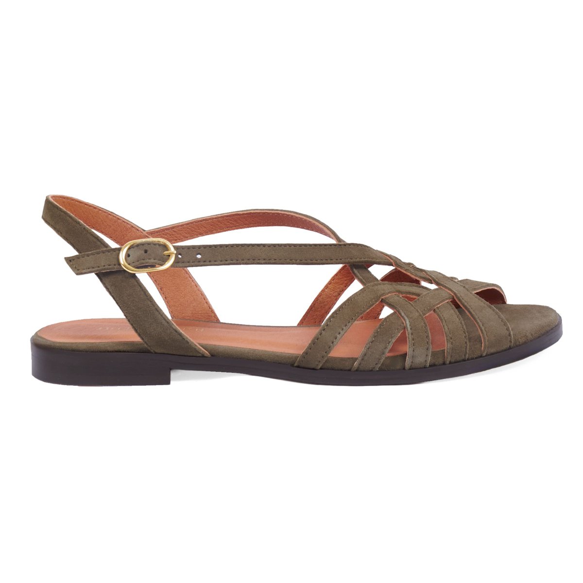 Sandales plates brides cuir daim kaki, JULES & JENN