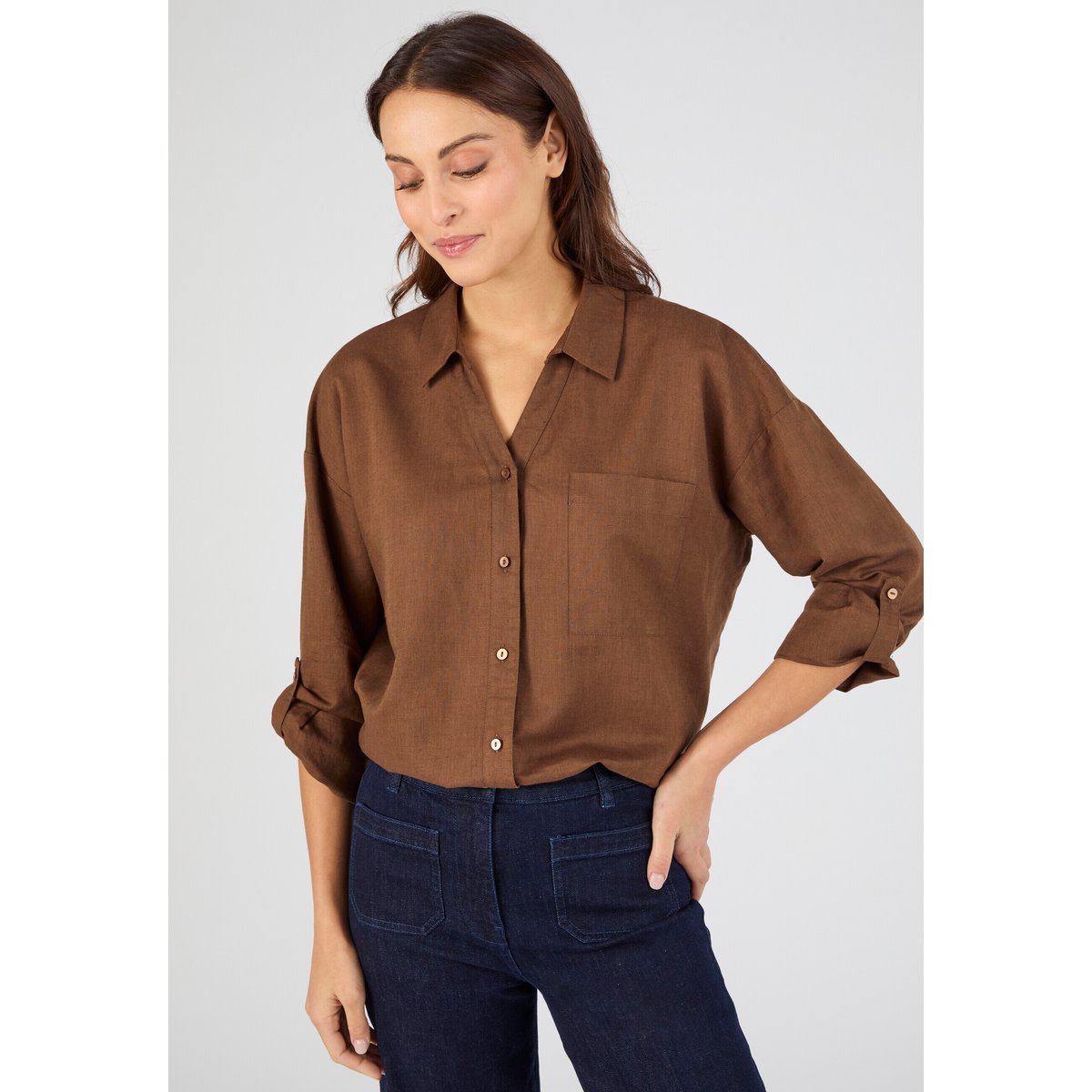 Chemise mélange lin et coton marron foncé, DAMART
