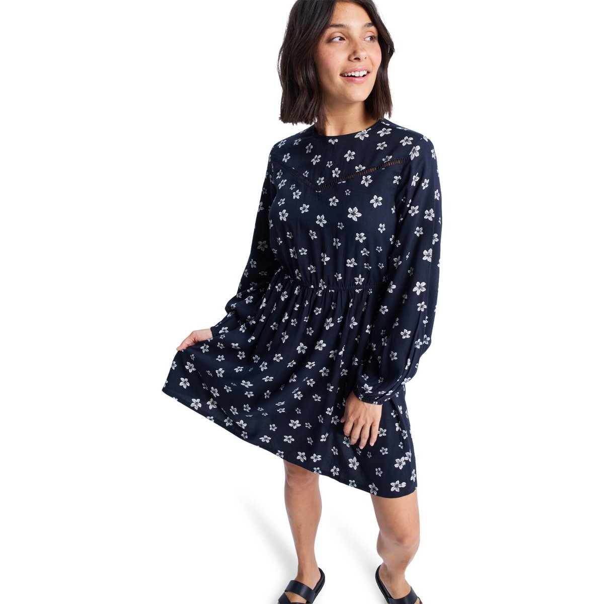 Mini robe à manches longues avec empiècement en dentelle VL SUNSET SEASON. noir anthracite sol searcher ditsy, ROXY
