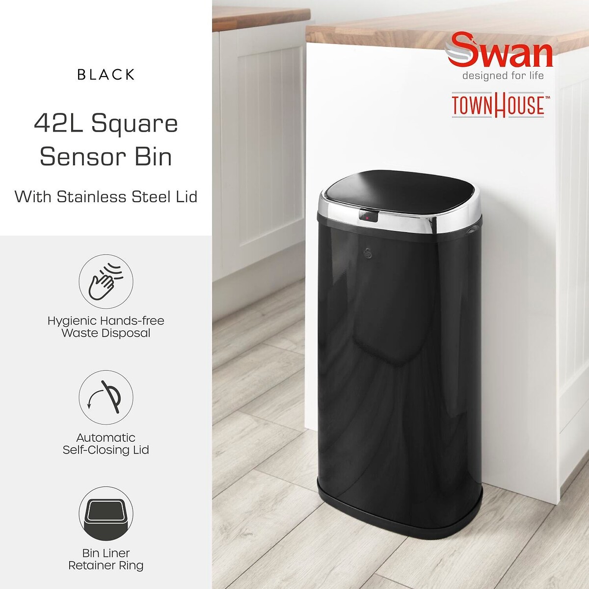 42L Square Sensor Bin black, SWAN